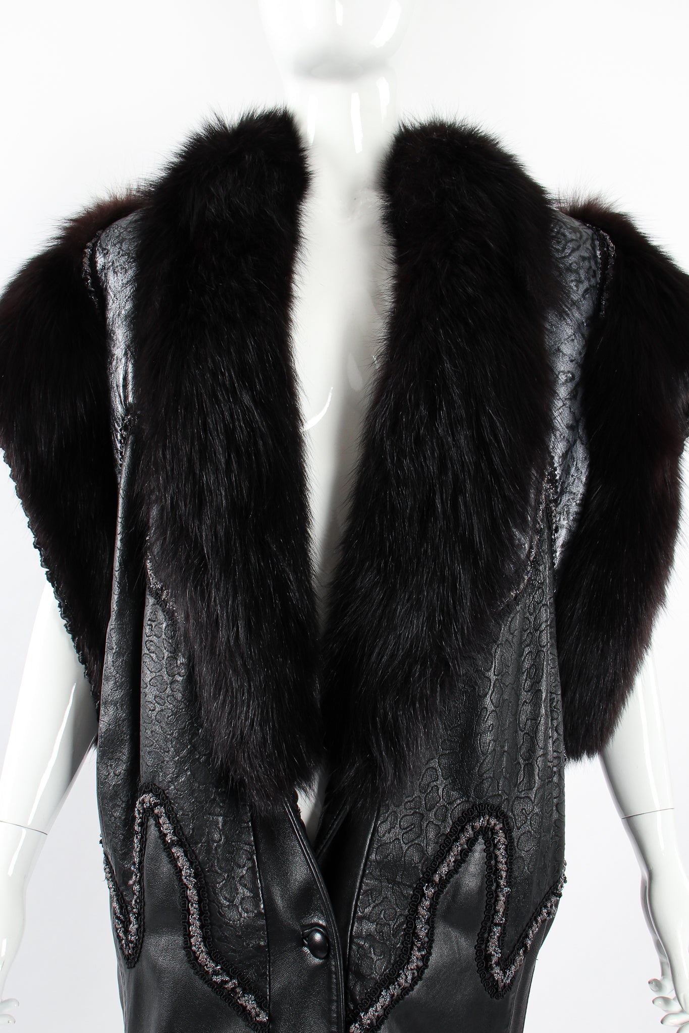 Vintage Norma Canada Long Leather & Fur Vest on Mannequin front crop at Recess Los Angeles