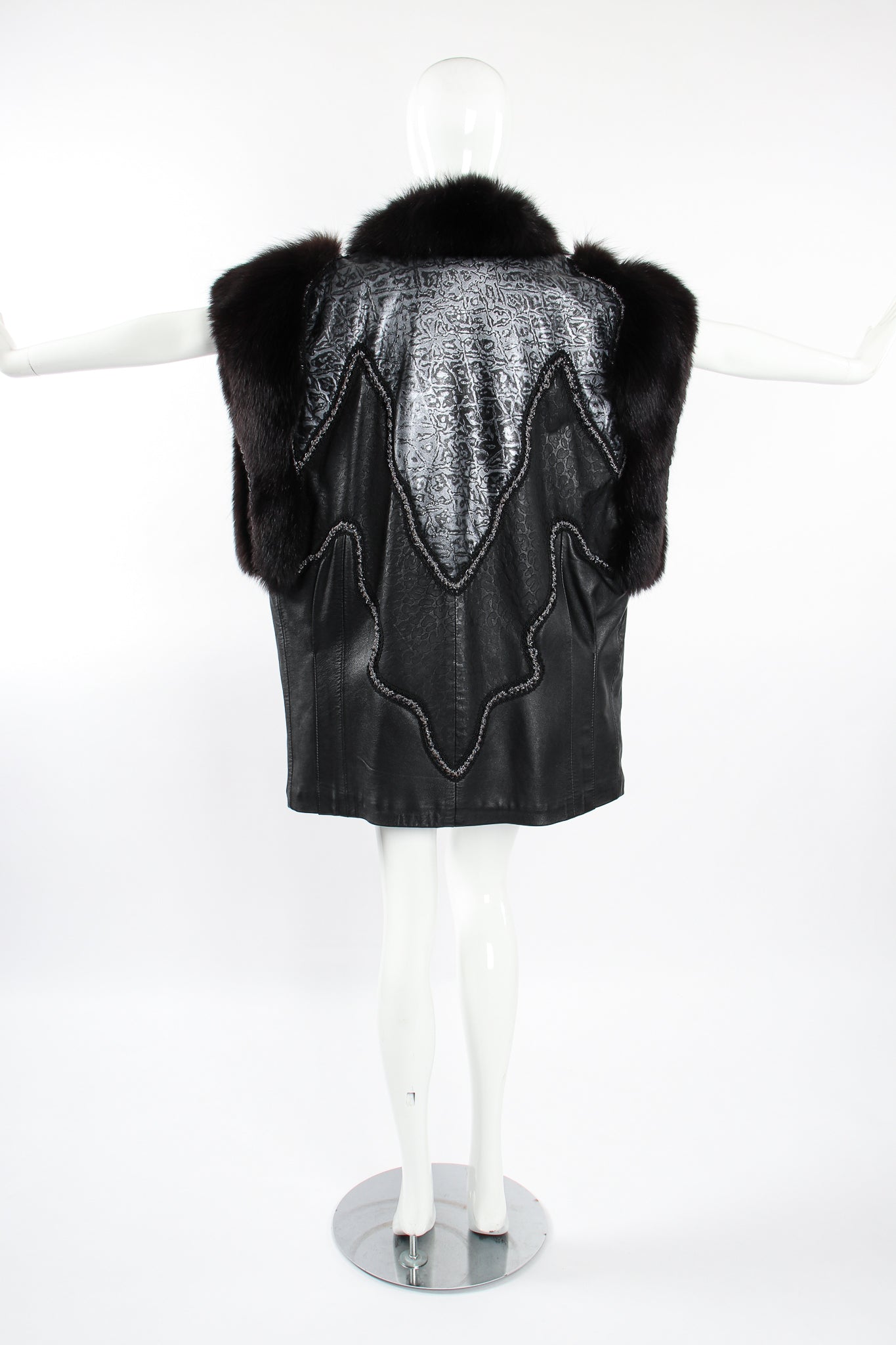 Vintage Norma Canada Long Leather & Fur Vest on Mannequin back wide at Recess Los Angeles
