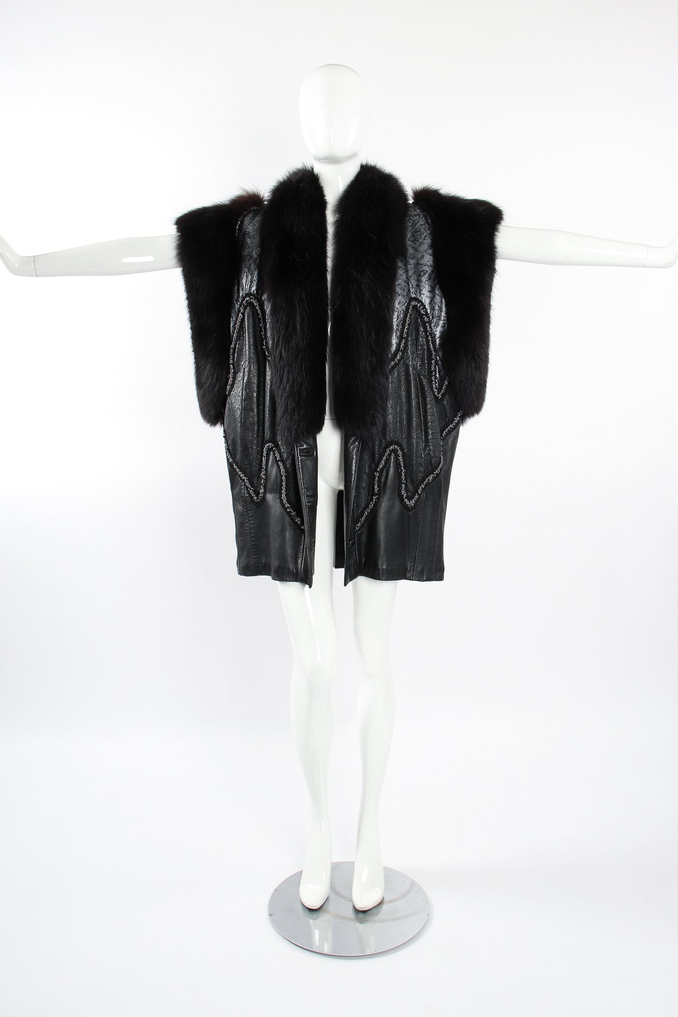 Vintage Norma Canada Long Leather & Fur Vest on Mannequin front wide at Recess Los Angeles