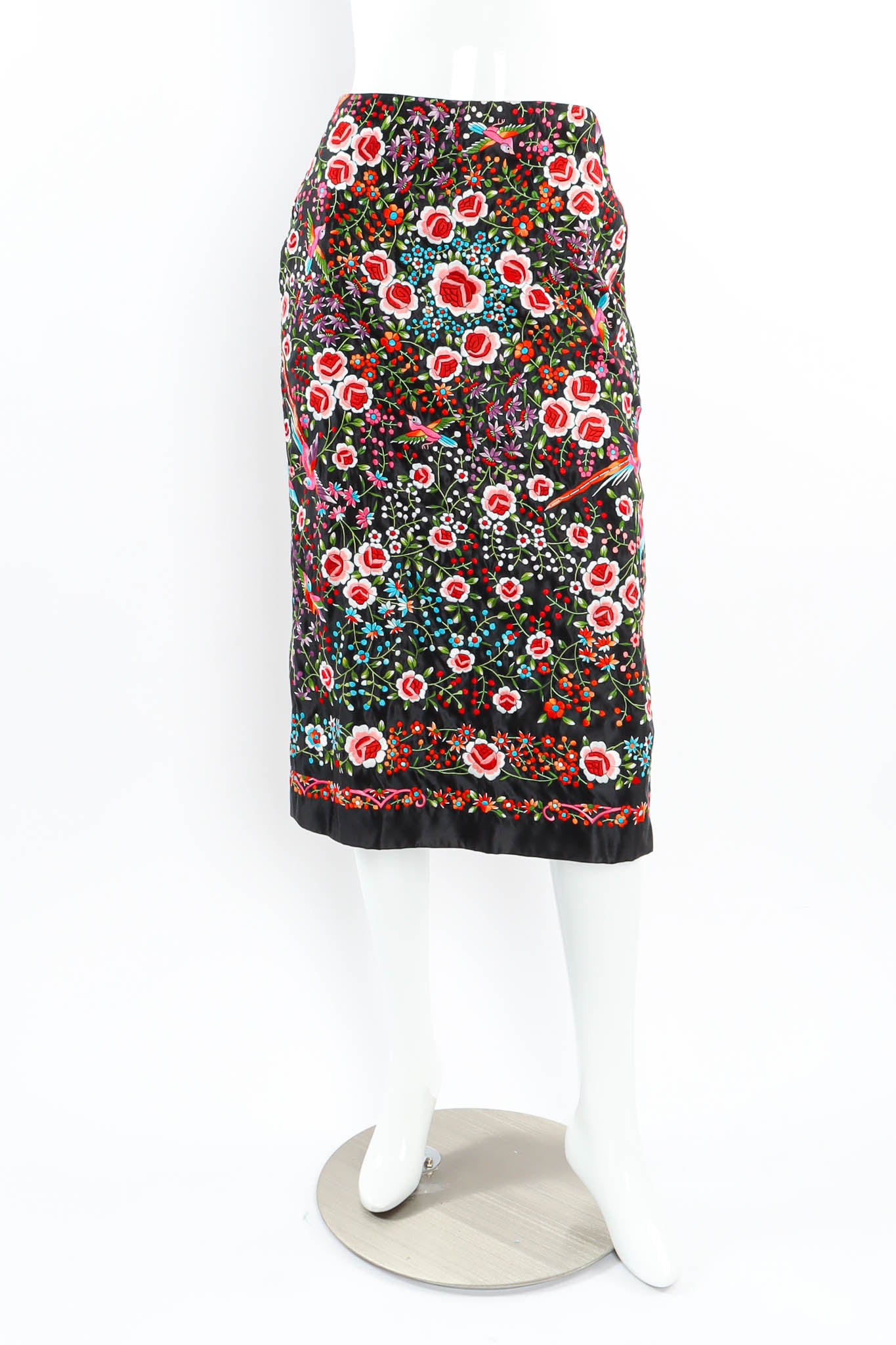 Vintage Norma Kamali Silk Embroidered Floral Skirt mannequin front @ Recess Los Angeles