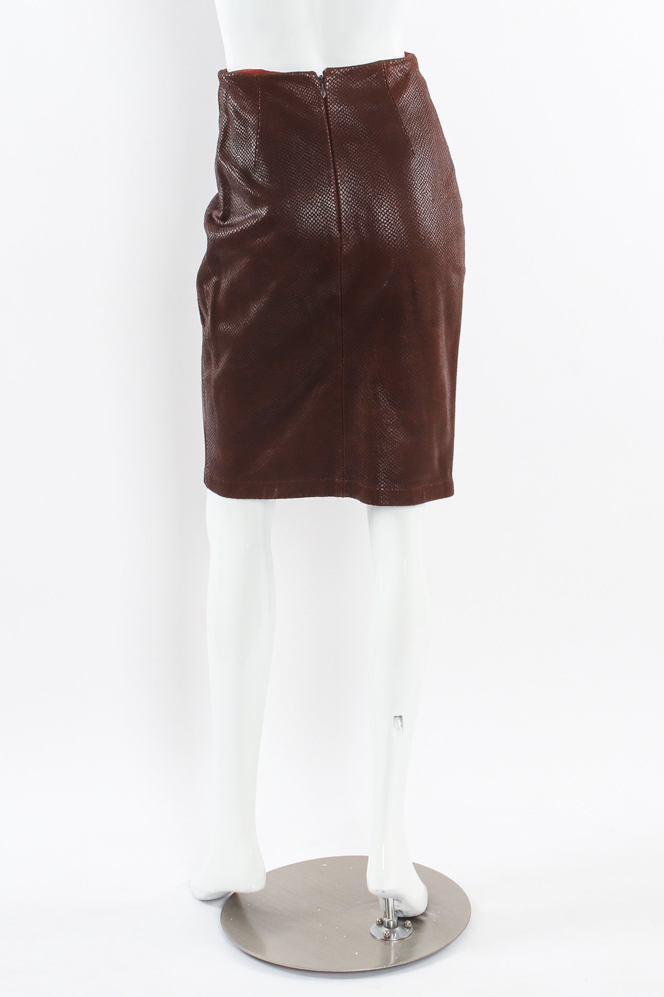 Vintage Omo Norma Kamali Snake Embossed Leather Skirt mannequin back @ Recess LA