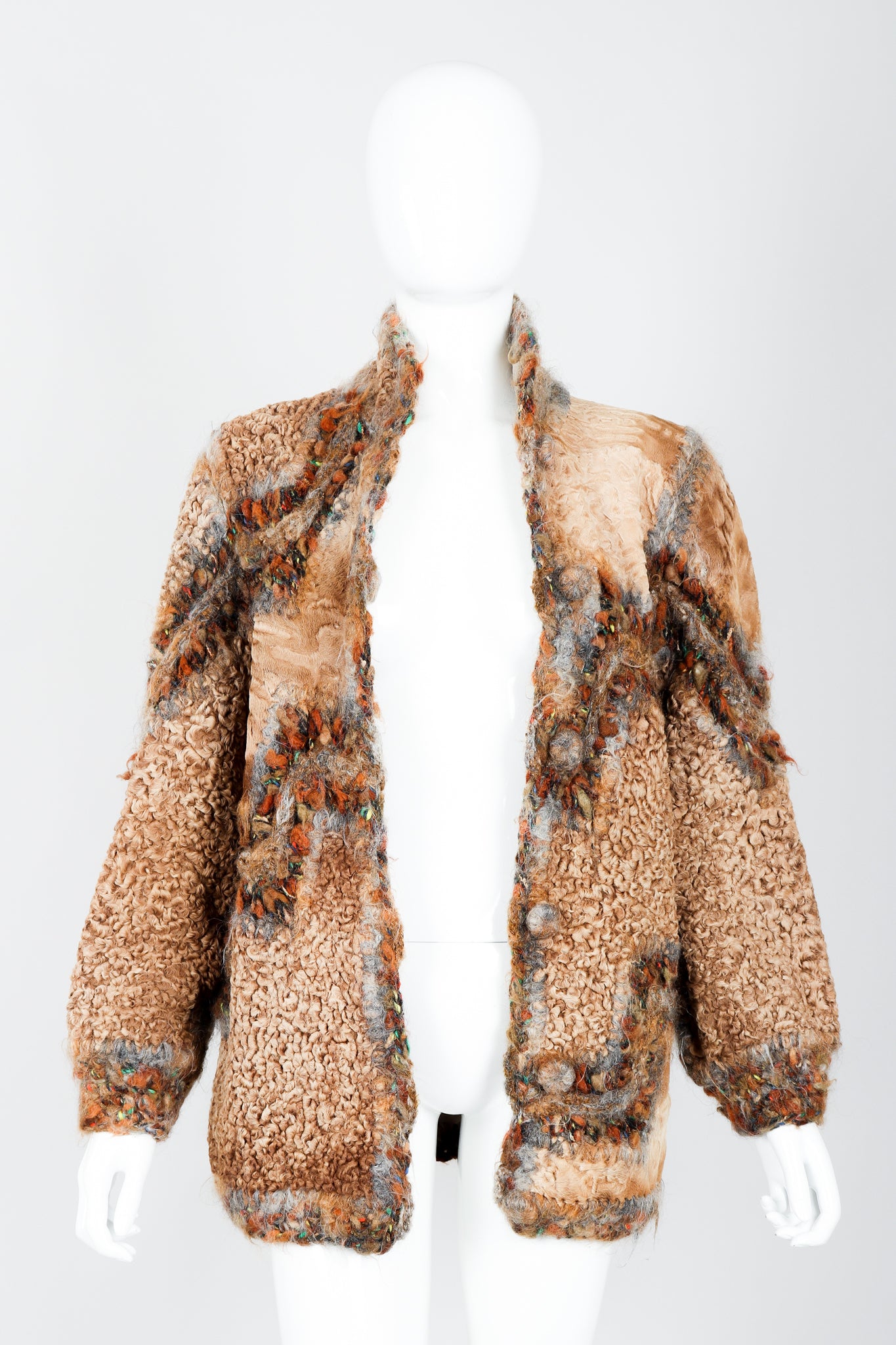 Vintage Norma Persian Lamb Fur Reversible Patchwork Jacket on Mannequin Open at Recess