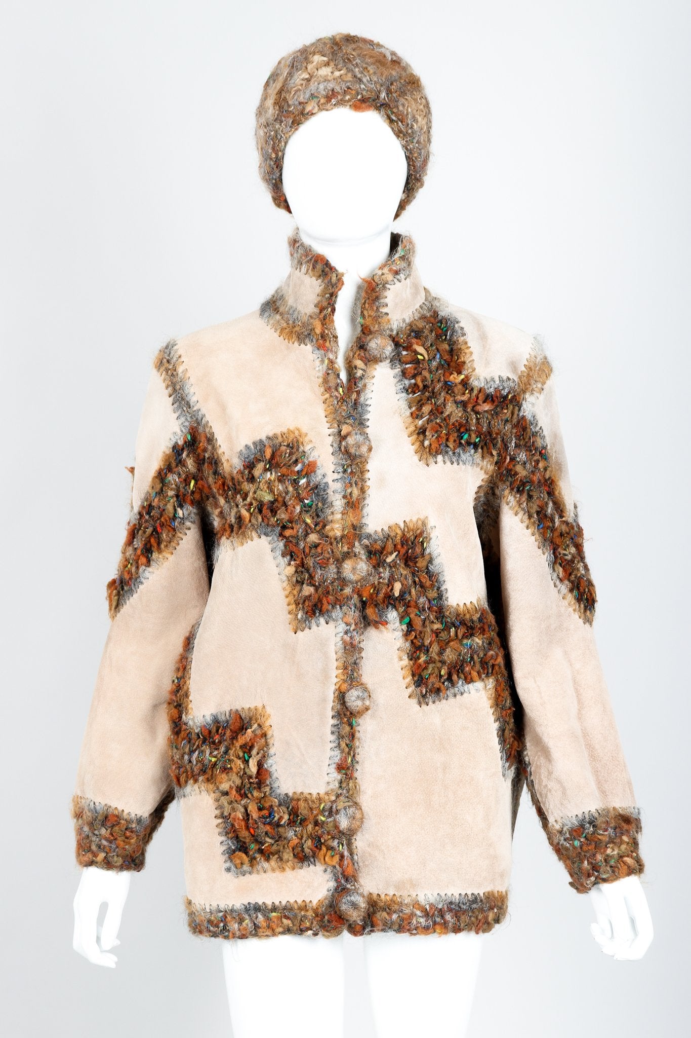 Vintage Norma Persian Lamb Fur Reversible Patchwork Jacket & Hat Set on Mannequin Suede Frt at Recess