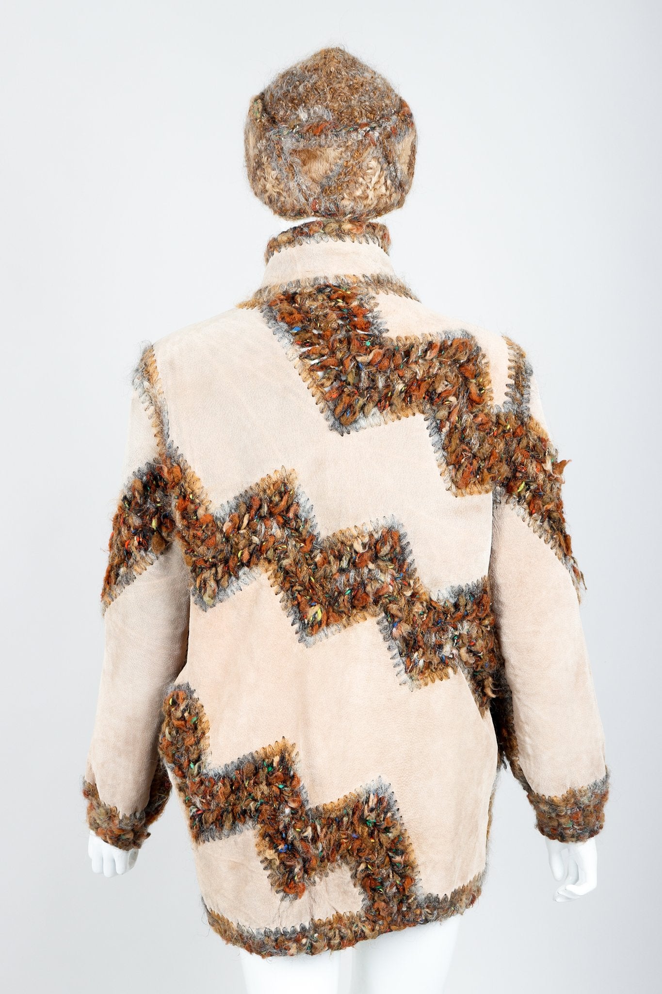 Vintage Norma Persian Lamb Fur Reversible Patchwork Jacket & Hat Set Suede bk on Mannequin at Recess