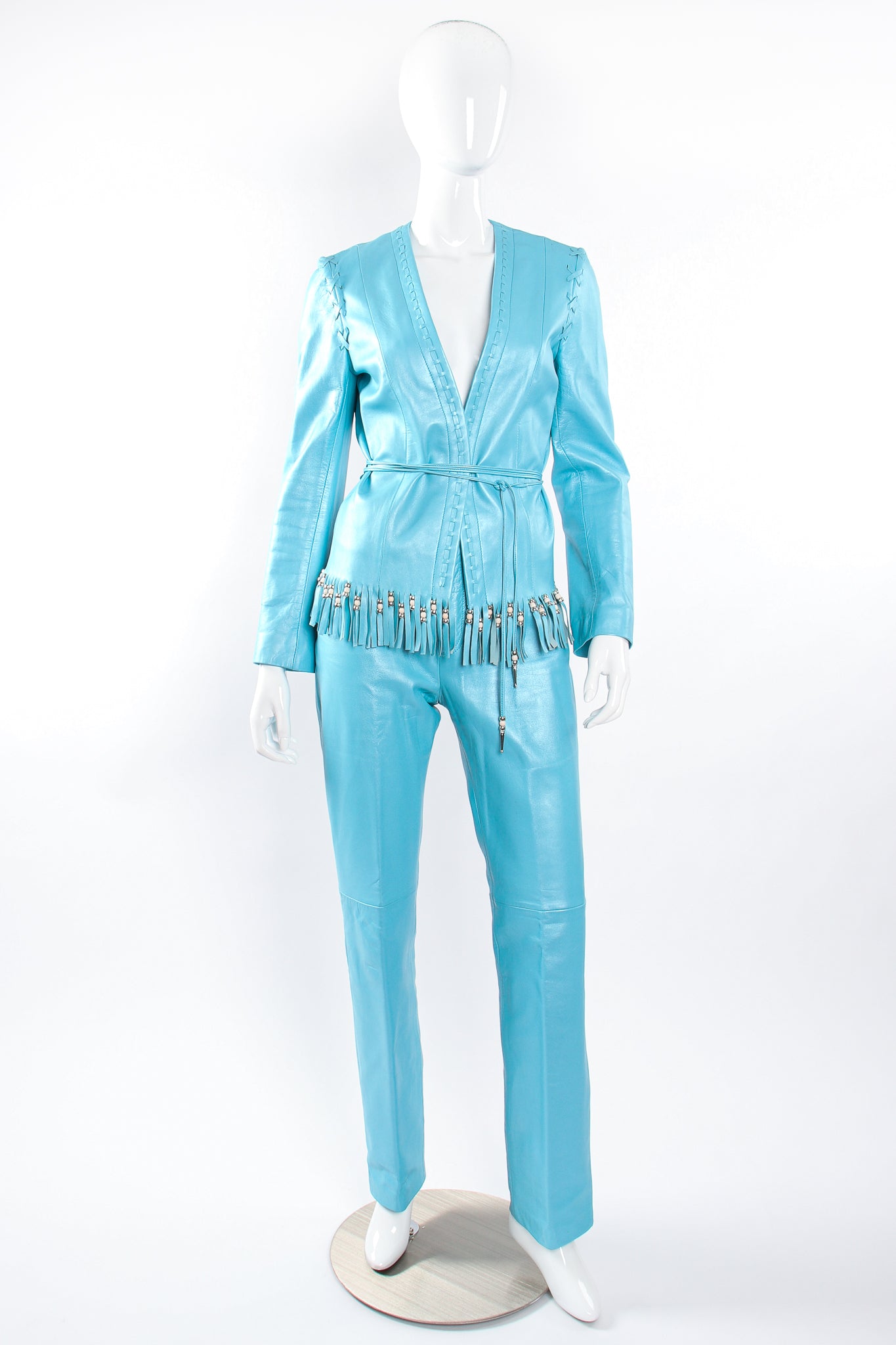 Vintage Michael Hoban North Beach Leather Fringed Jacket & Pant Set on Mannequin front @ Recess LA