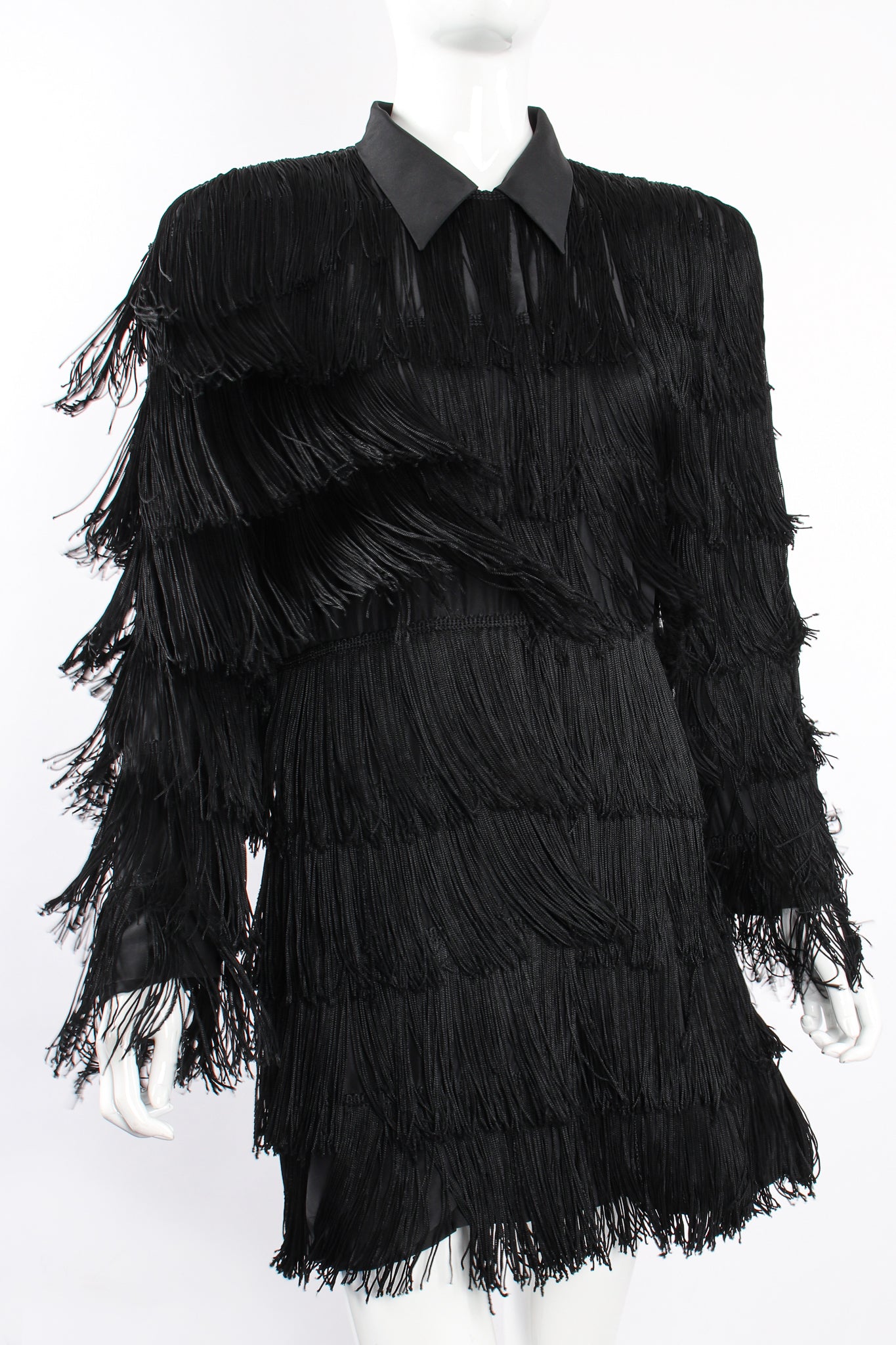 Vintage OMO Norma Kamali Fringed Shirt Dress Jacket on Mannequin swing at Recess Los Angeles