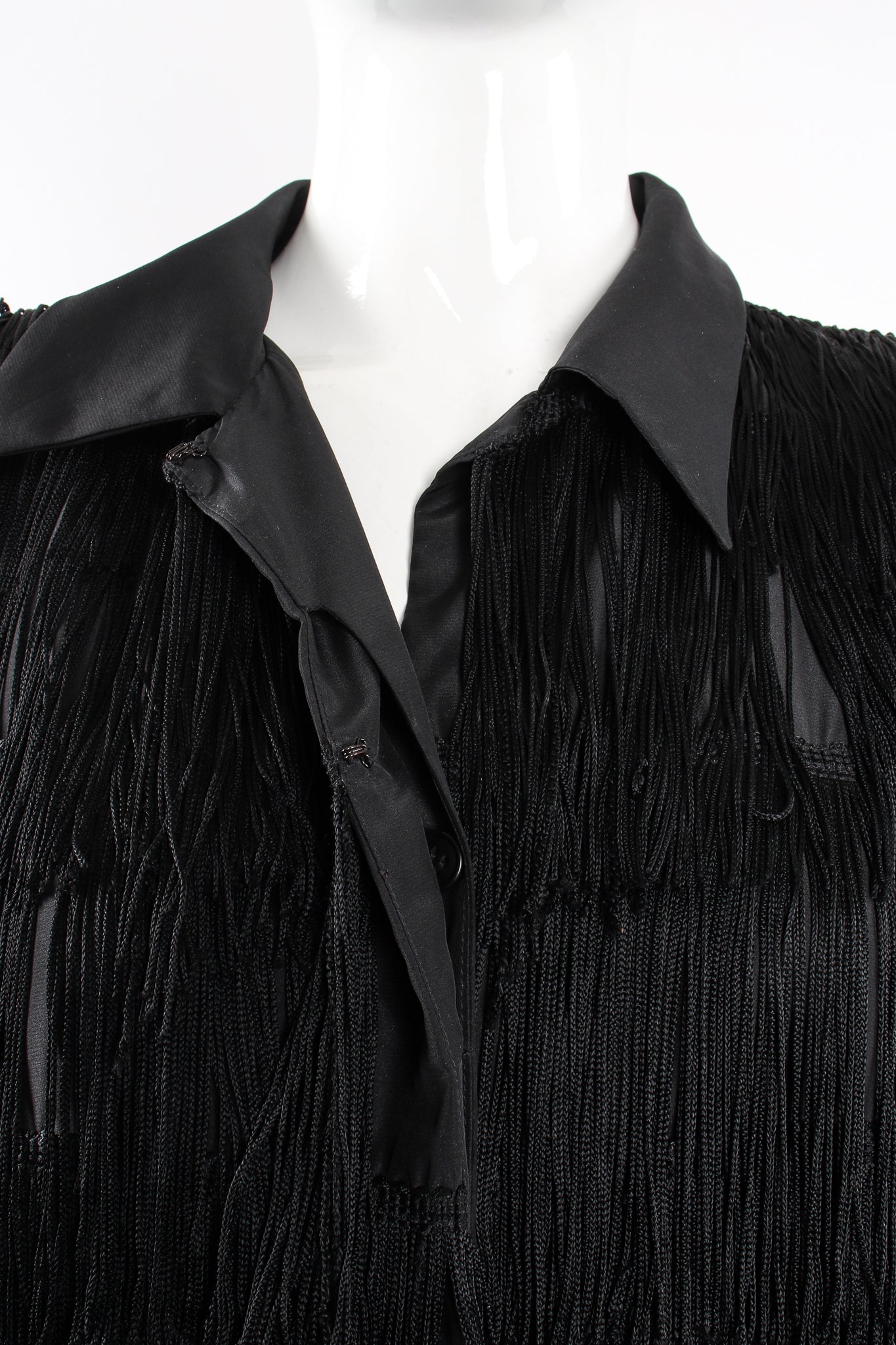 Vintage OMO Norma Kamali Fringed Shirt Dress Jacket on Mannequin front collar at Recess Los Angeles