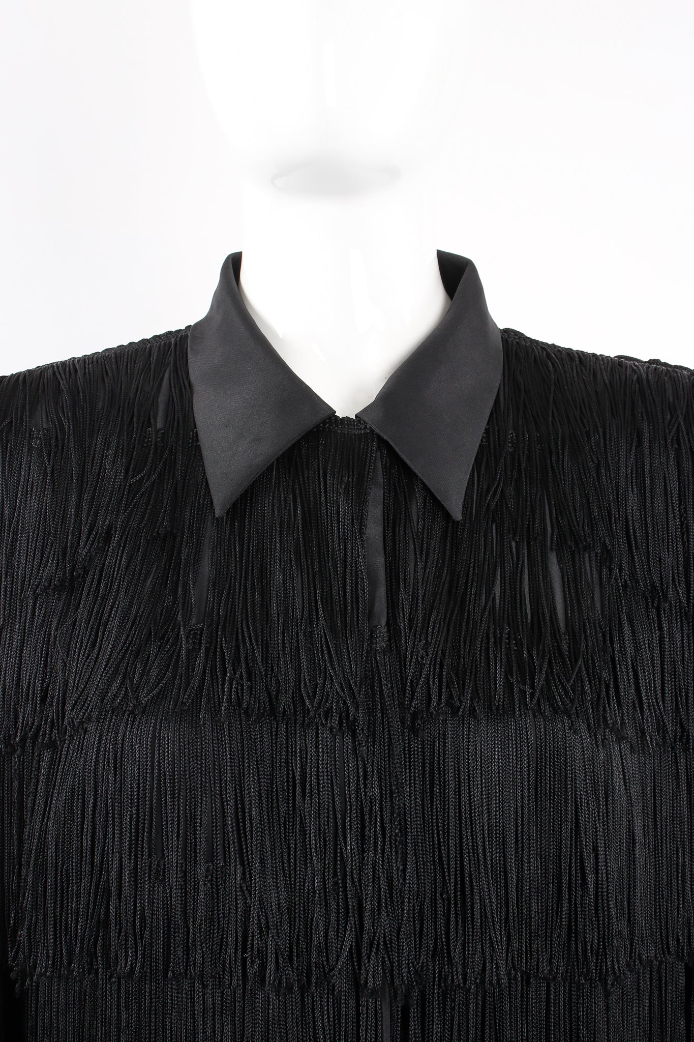 Vintage OMO Norma Kamali Fringed Shirt Dress Jacket on Mannequin collar at Recess Los Angeles
