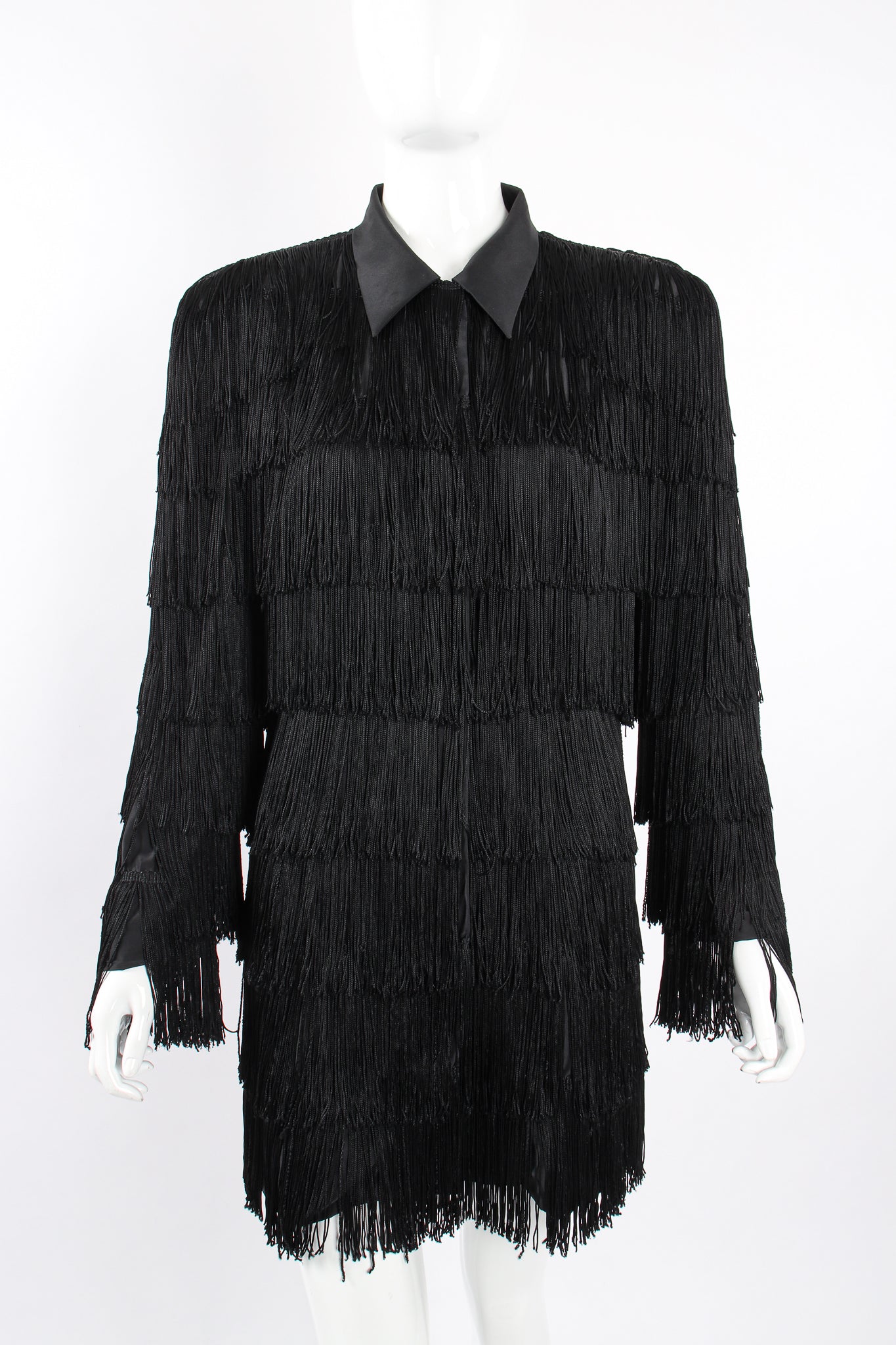 Vintage OMO Norma Kamali Fringed Shirt Dress Jacket on Mannequin front crop at Recess Los Angeles