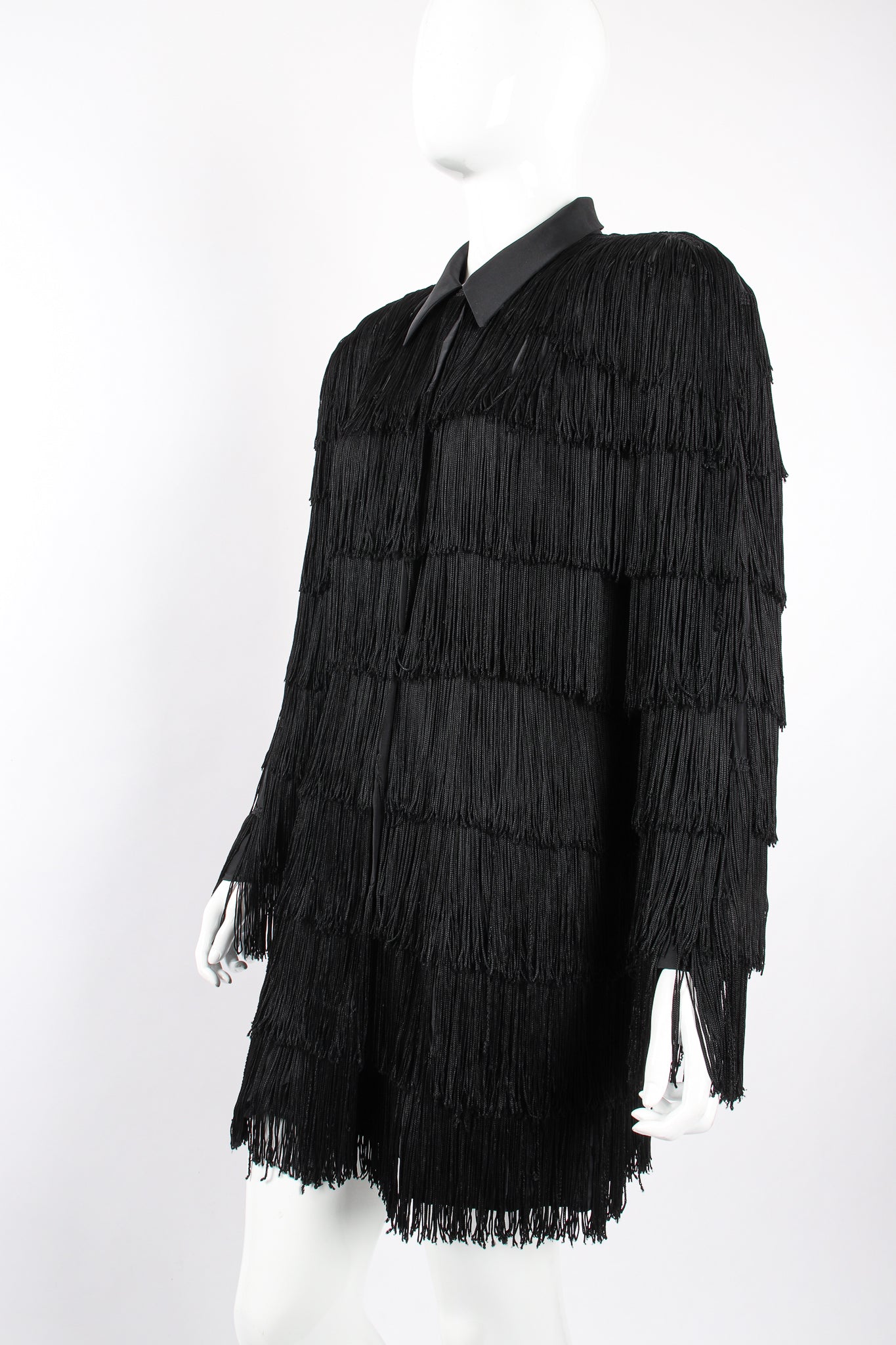 Vintage OMO Norma Kamali Fringed Shirt Dress Jacket on Mannequin angle at Recess Los Angeles