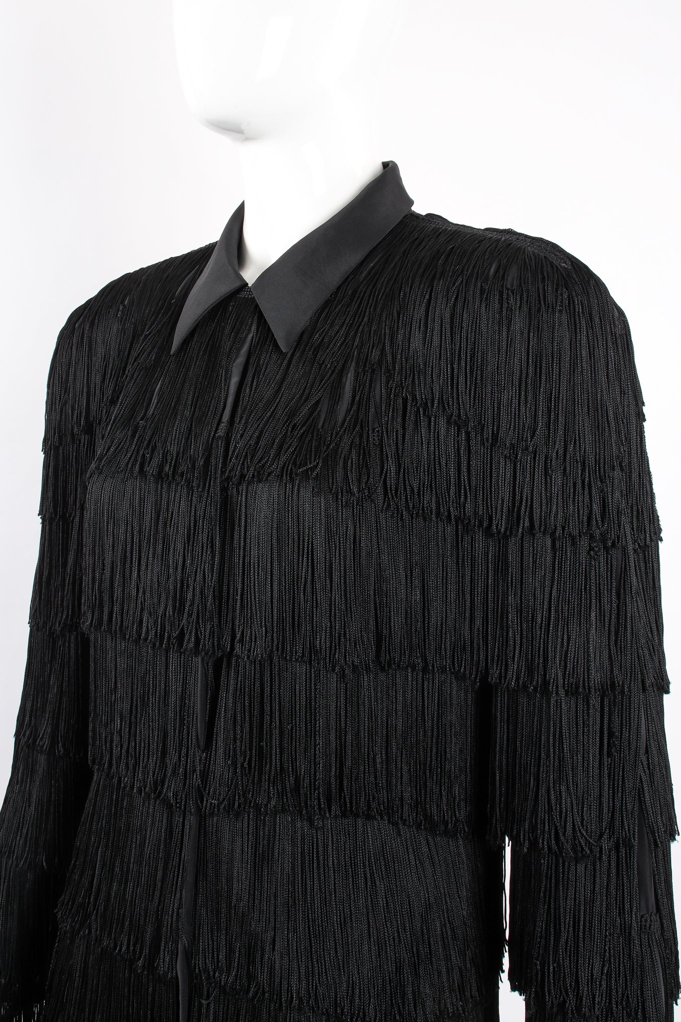 Vintage OMO Norma Kamali Fringed Shirt Dress Jacket on Mannequin crop at Recess Los Angeles