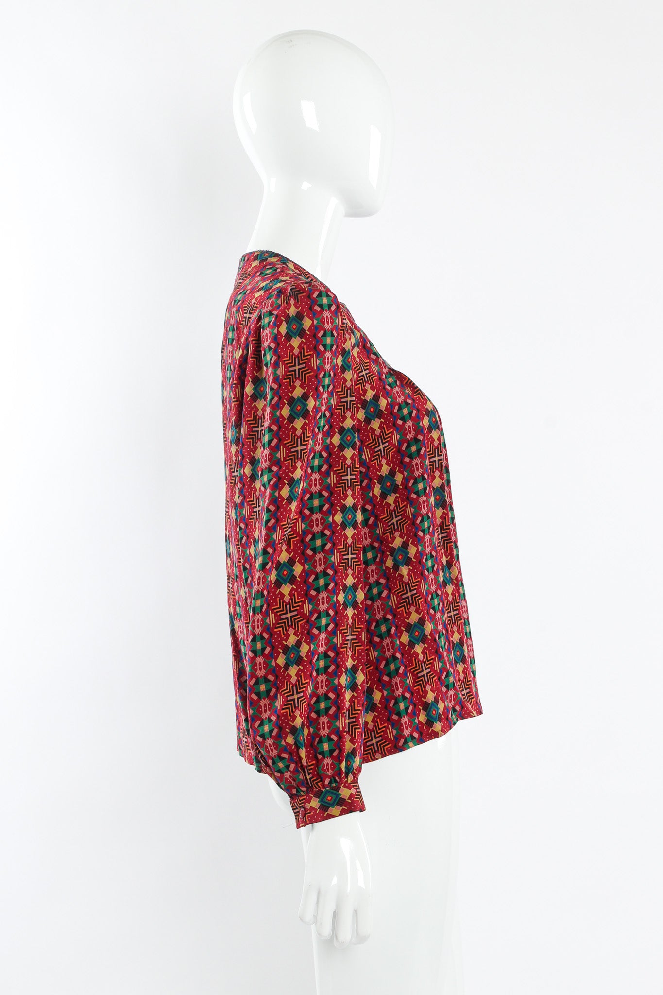 Vintage Oscar de la Renta Geo Tribal Silk Top & Skirt Set mannequin side top @ Recess LA