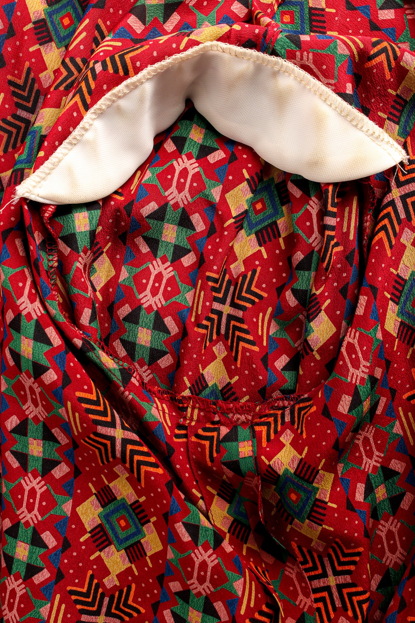 Vintage Oscar de la Renta Geo Tribal Silk Top & Skirt Set yellowing shoulder pad @ Recess LA