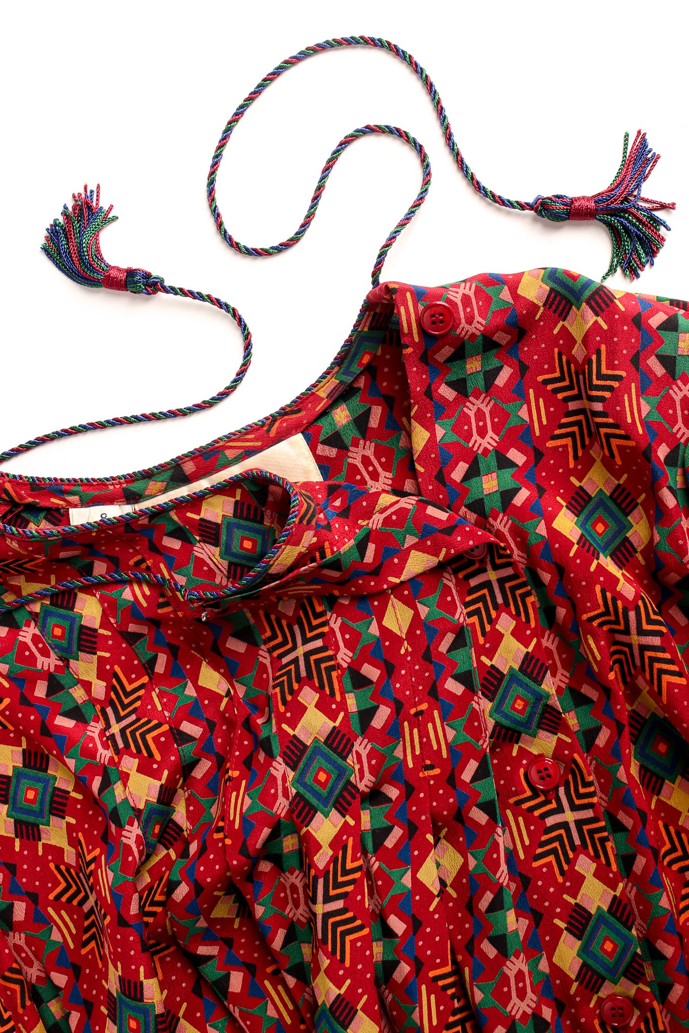 Vintage Oscar de la Renta Geo Tribal Silk Top & Skirt Set top button/rope tie @ Recess LA