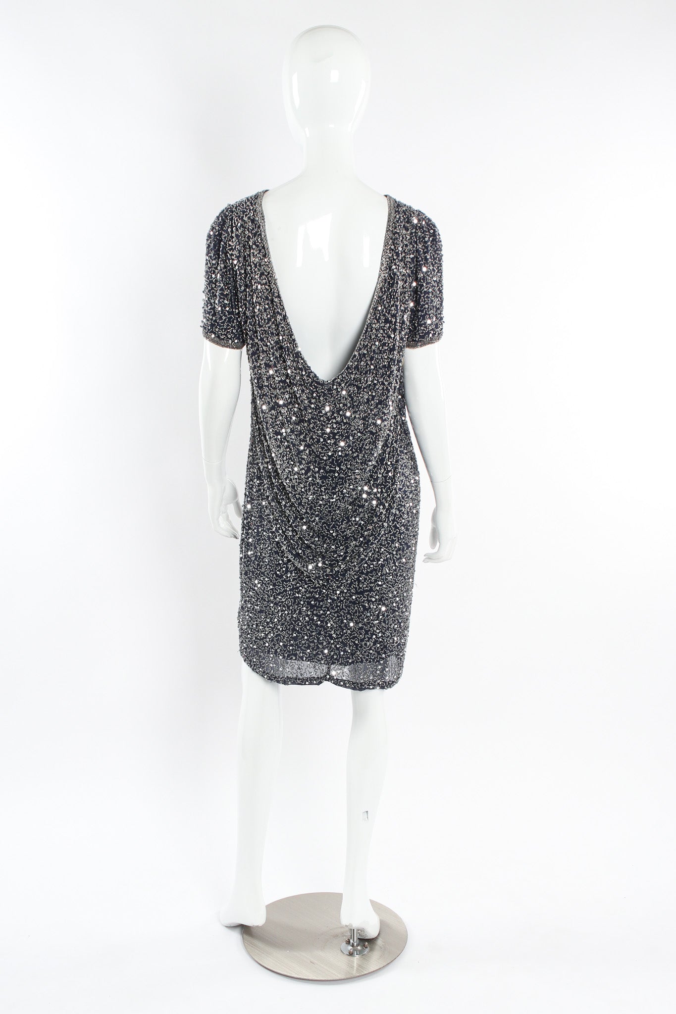 Vintage Oleg Cassini Beaded Sequin Silk Shift Dress mannequin back @ Recess LA