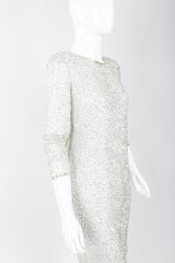 Vintage Oleg Cassini Black Tie Silver Beaded Cowl Dress on Mannequin, Front Crop