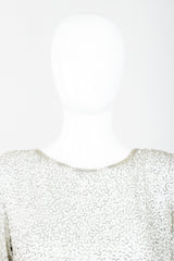 Vintage Oleg Cassini Black Tie Silver Beaded Cowl Dress on Mannequin, Neckline