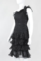 Recess Los Angeles Vintage Oscar de la Renta One-Shoulder Dotted Chiffon Ruffle Dress