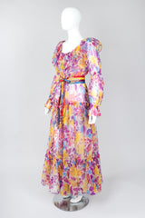 Recess Los Angeles Vintage Oscar de la Renta Sheer Organza Belted Floral Peasant Dress