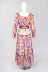 Recess Los Angeles Vintage Oscar de la Renta Sheer Organza Belted Floral Peasant Dress