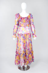 Recess Los Angeles Vintage Oscar de la Renta Sheer Organza Belted Floral Peasant Dress