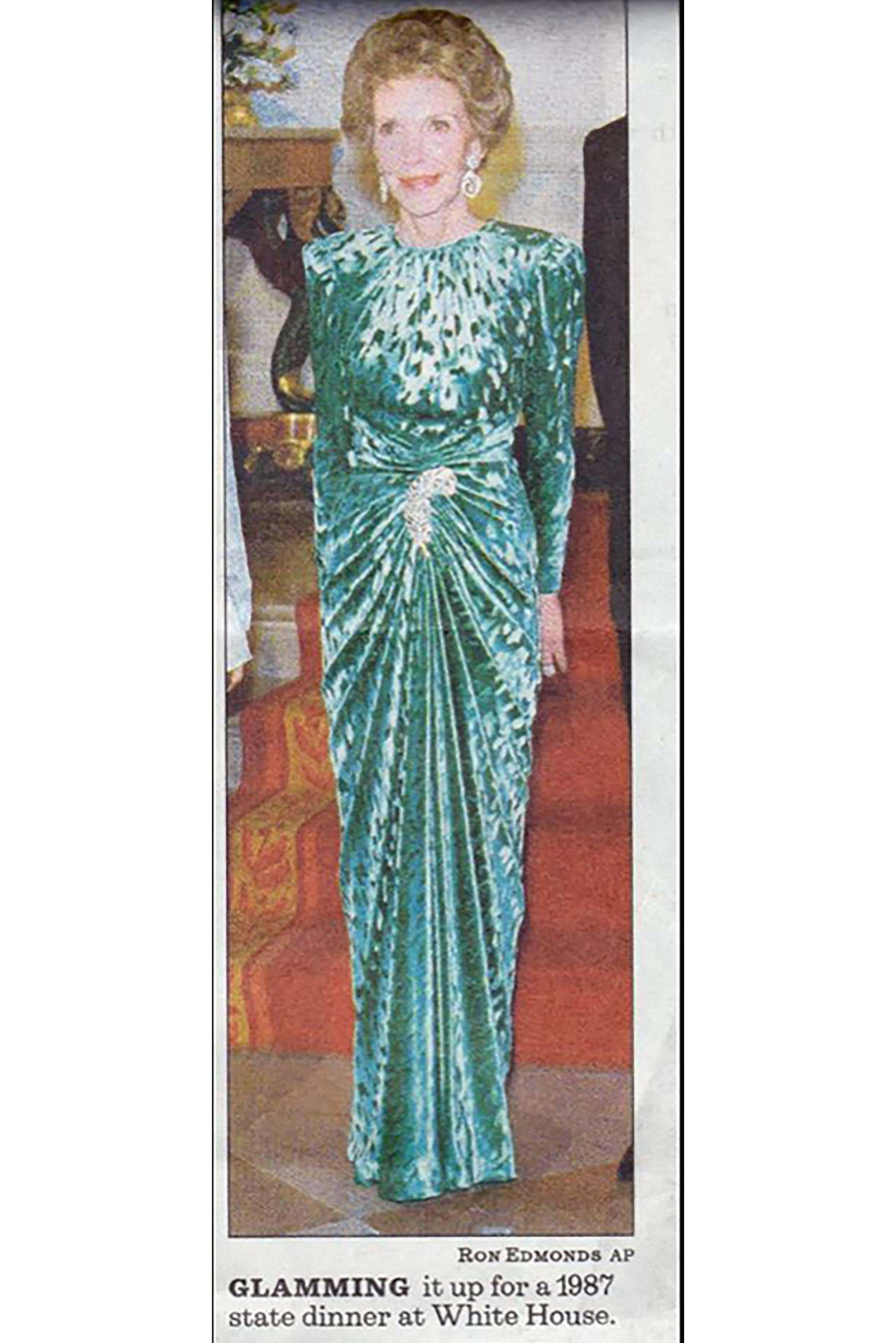Vintage Oscar de la Renta 1987 Silk Velvet Balloon Sleeve Gown on Nancy Reagan at Recess LA
