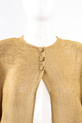 Vintage Oscar de la Renta Sheer Metallic Tunic & Wrap Skirt Set on Mannequin neckline at Recess