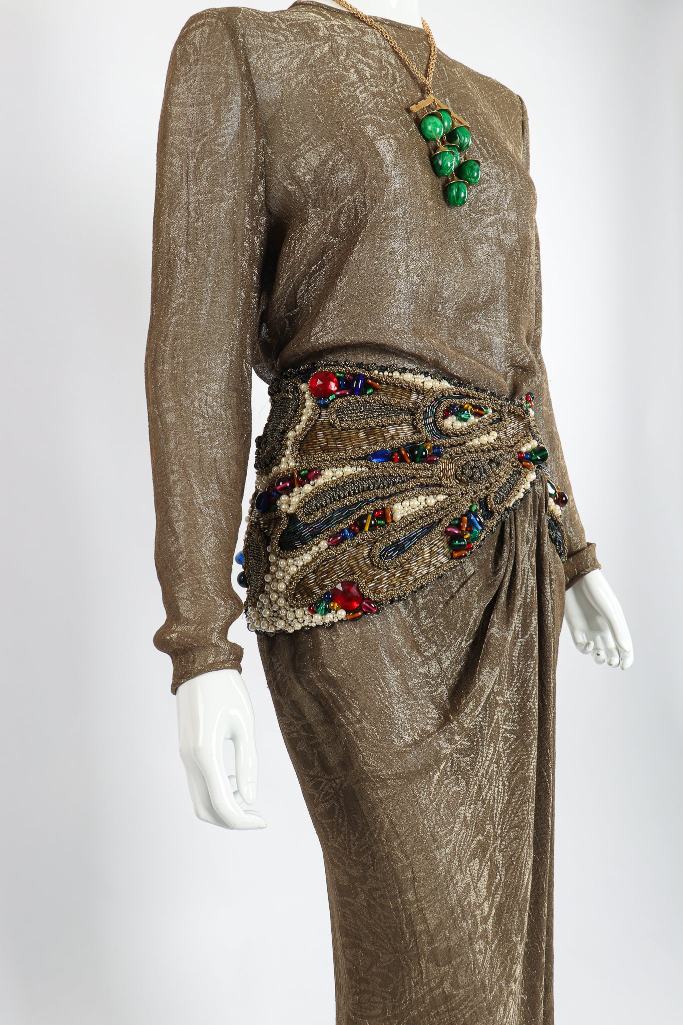 Vintage Oscar de la Renta Jeweled Lamé Wrap Skirt Set on Mannequin Angle crop at Recess LA