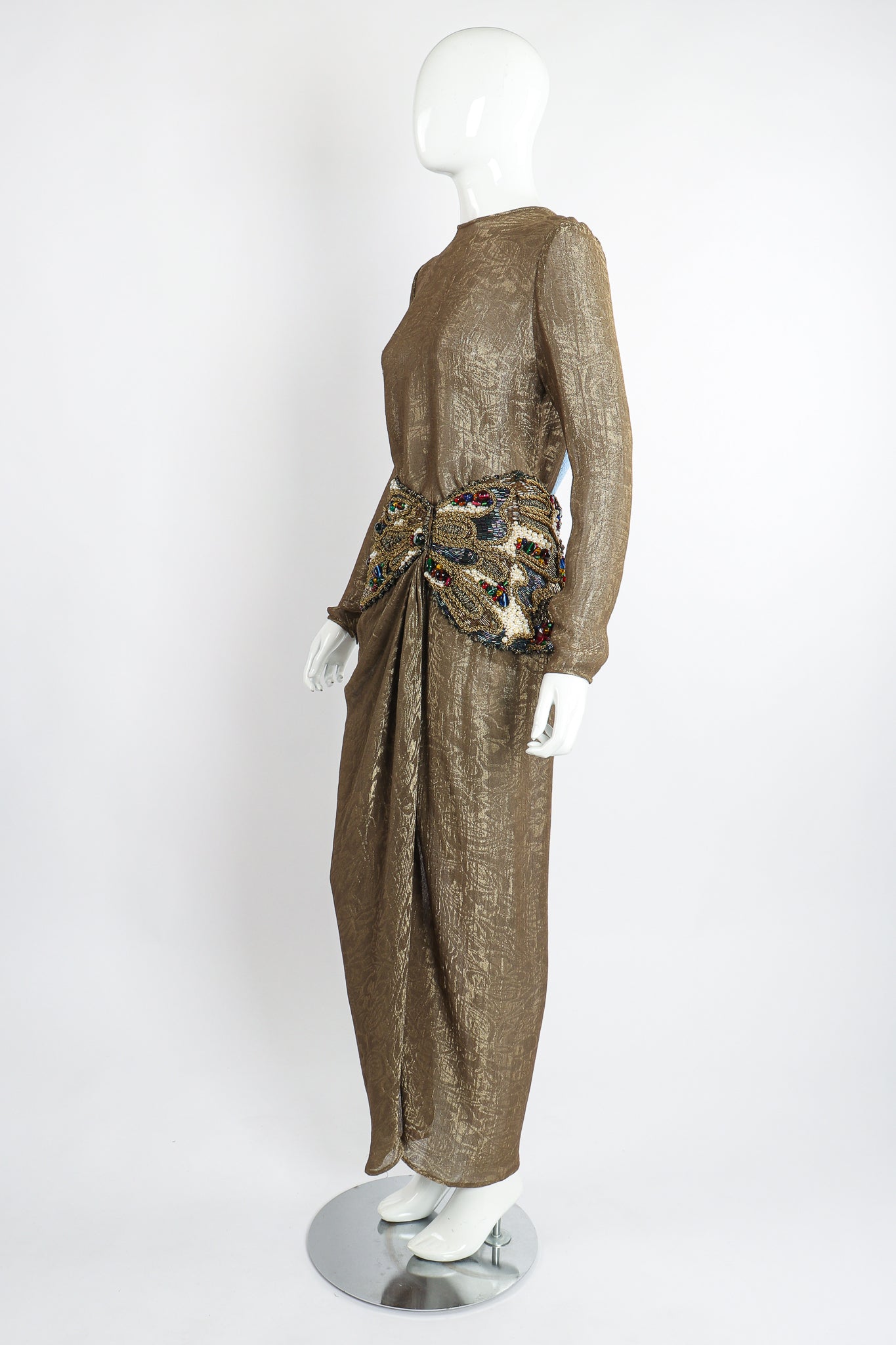 Vintage Oscar de la Renta Jeweled Lamé Wrap Skirt Set on Mannequin Side at Recess LA