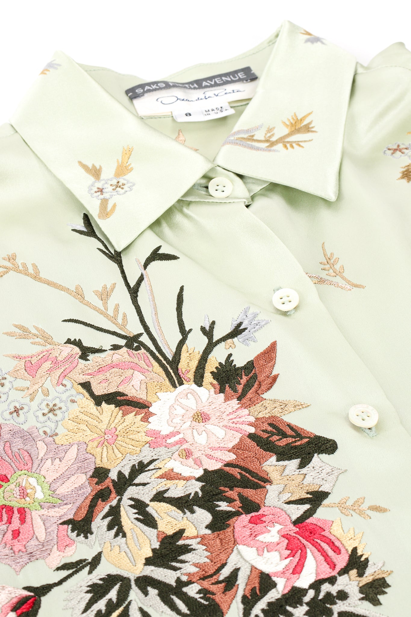 Vintage Oscar de la Renta Mint Floral Embroidered Silk Shirt detail flat at Recess LA