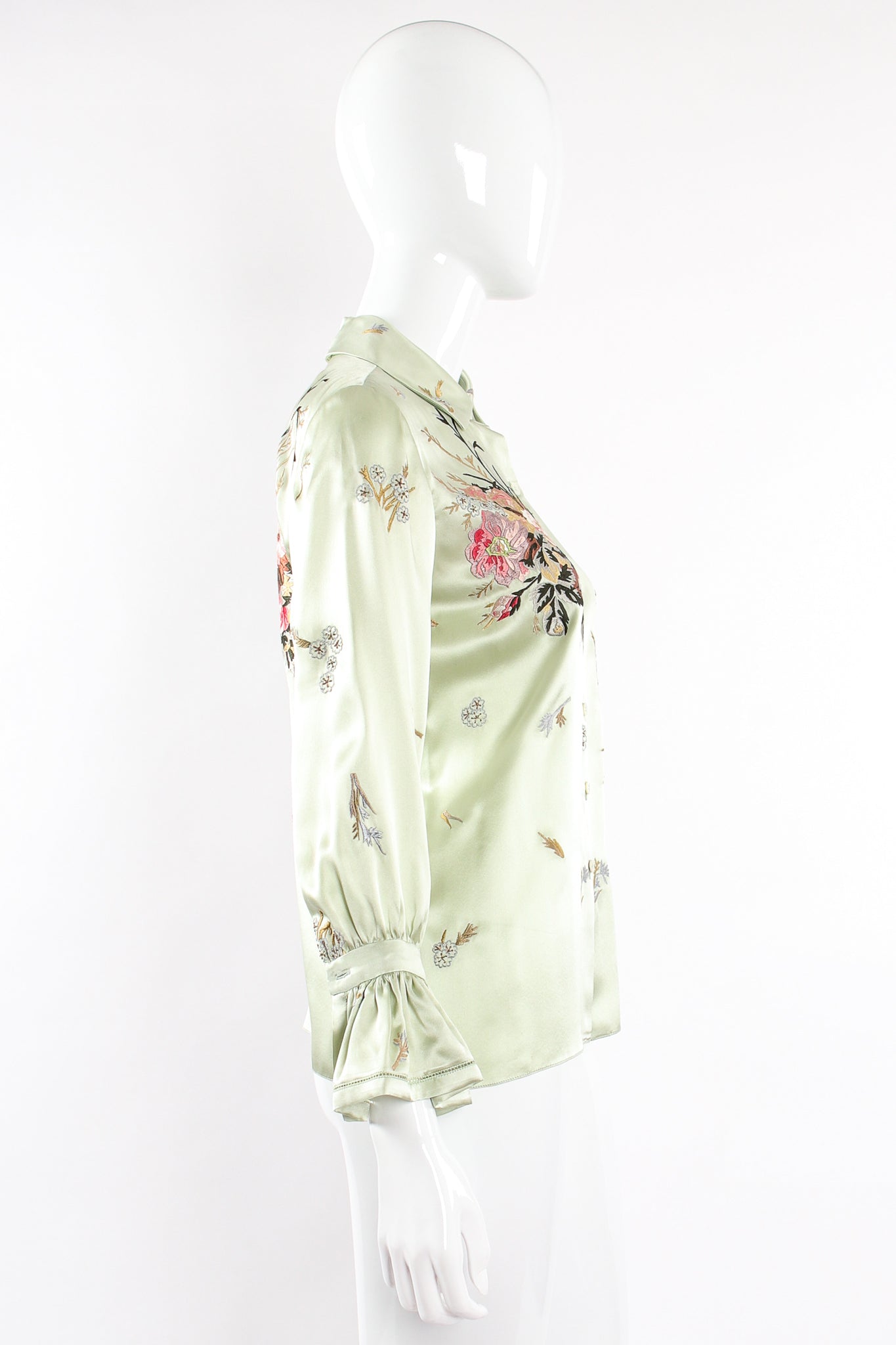 Vintage Oscar de la Renta Mint Floral Embroidered Silk Shirt on Mannequin side at Recess LA