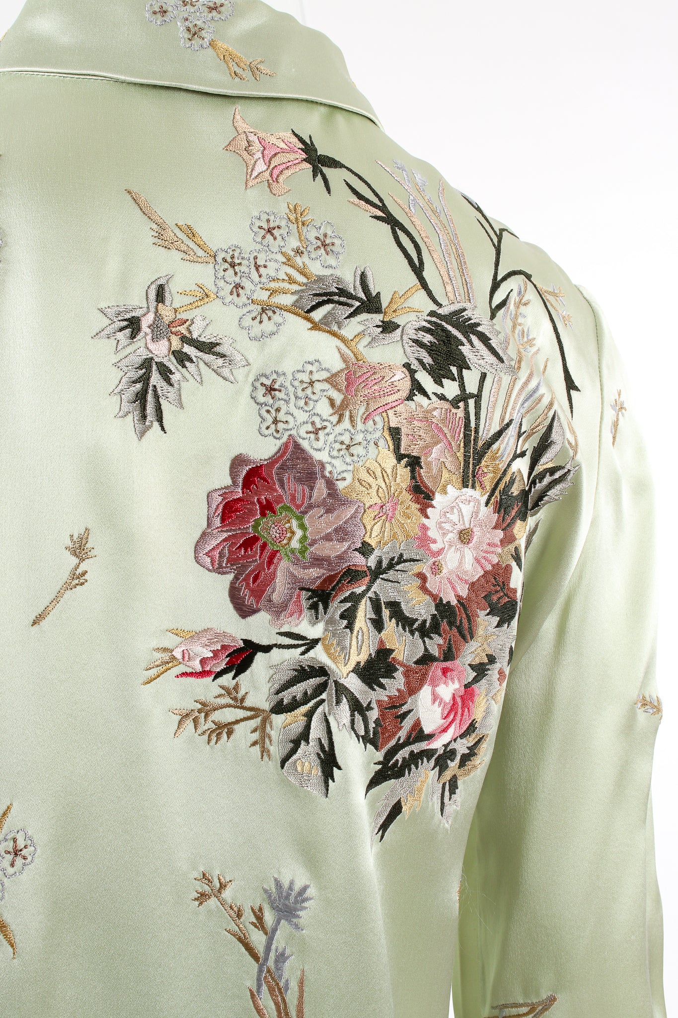 Vintage Oscar de la Renta Mint Floral Embroidered Silk Shirt on Mannequin detail at Recess LA