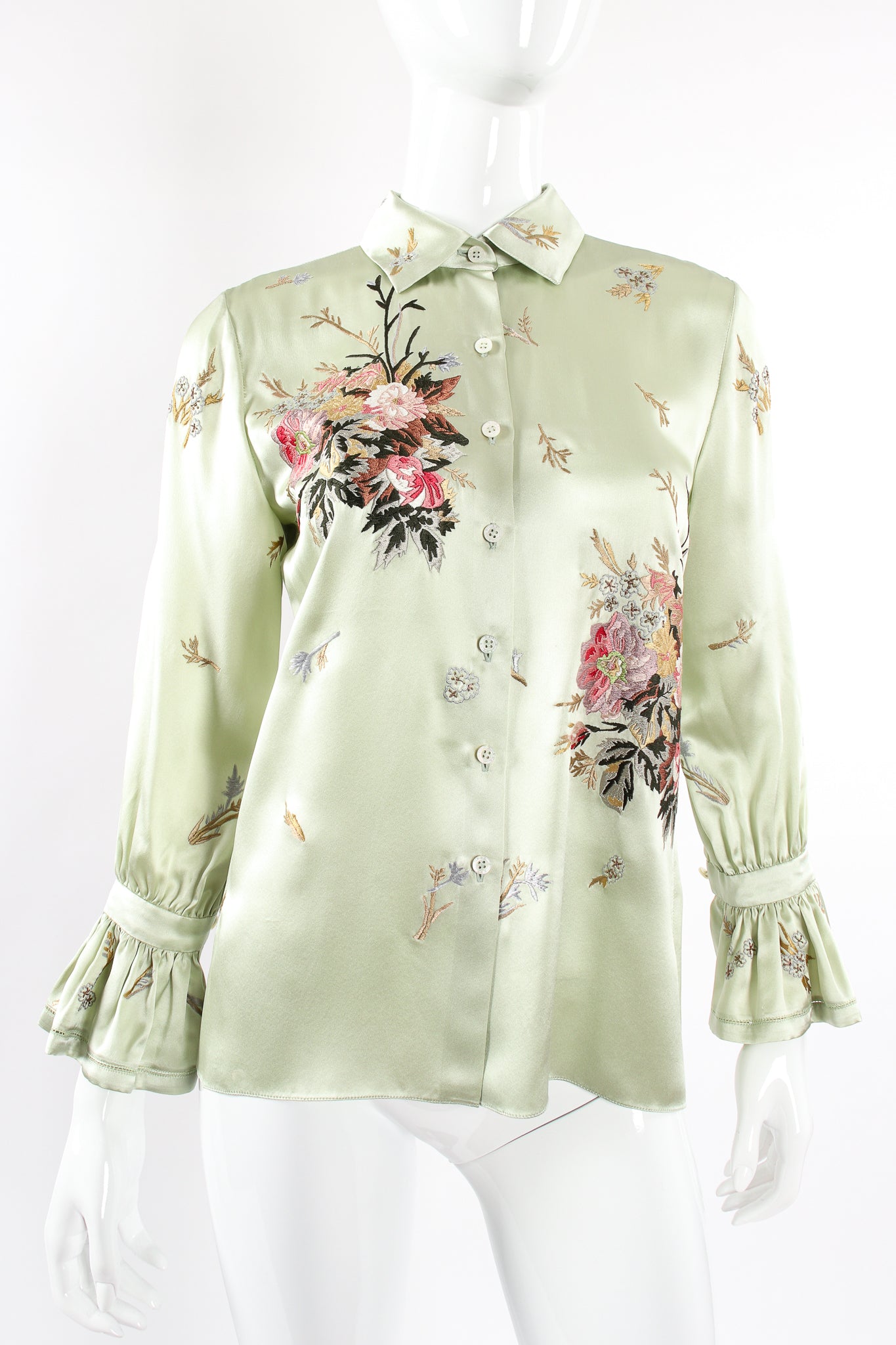 Vintage Oscar de la Renta Mint Floral Embroidered Silk Shirt on Mannequin front crop at Recess LA