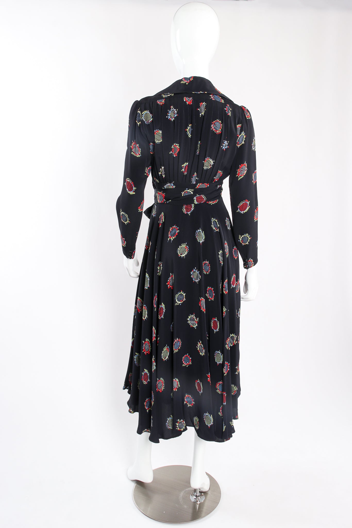 Vintage Ossie Clark Quorum Celia Birtwell Lyre Print Plunge Dress on mannequin back at Recess LA