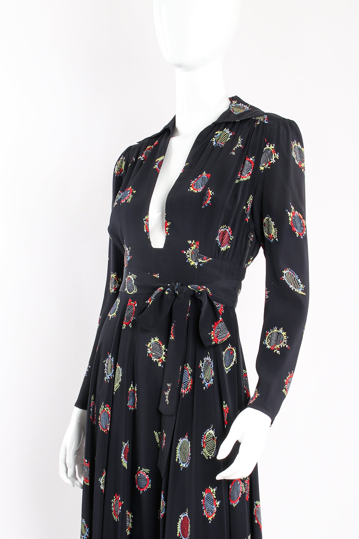 Vintage Ossie Clark Quorum Celia Birtwell Lyre Print Plunge Dress on mannequin crop at Recess LA
