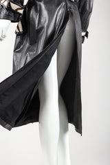 Recess Vintage Pat Hicks Calf Hair Trim Black Leather Trench Coat on Mannequin, Back Vent