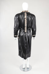 Recess Vintage Pat Hicks Calf Hair Trim Black Leather Trench Coat on Mannequin, Back View