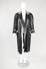 Recess Vintage Pat Hicks Calf Hair Trim Black Leather Trench Coat on Mannequin, open