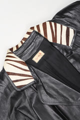 Recess Vintage Pat Hicks Calf Hair Trim Black Leather Trench Coat, Collar Detail