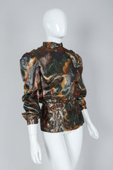 Vintage Paul Louis Orrier Metallic Lamé Dragon Peplum Top on Mannequin at Recess, angled view