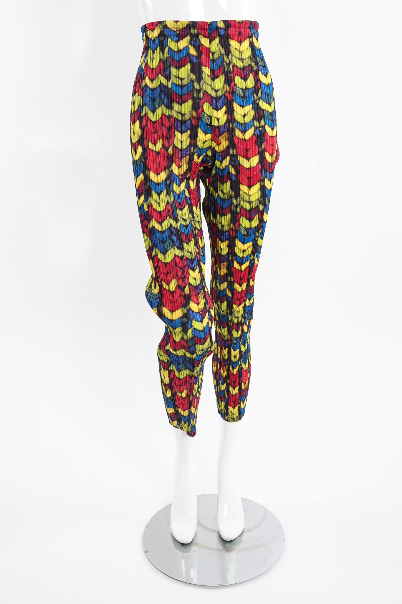 Vintage Issey Miyake Pleats Please RGB Yarn Print Pleated Pant on Mannequin Front at Recess LA