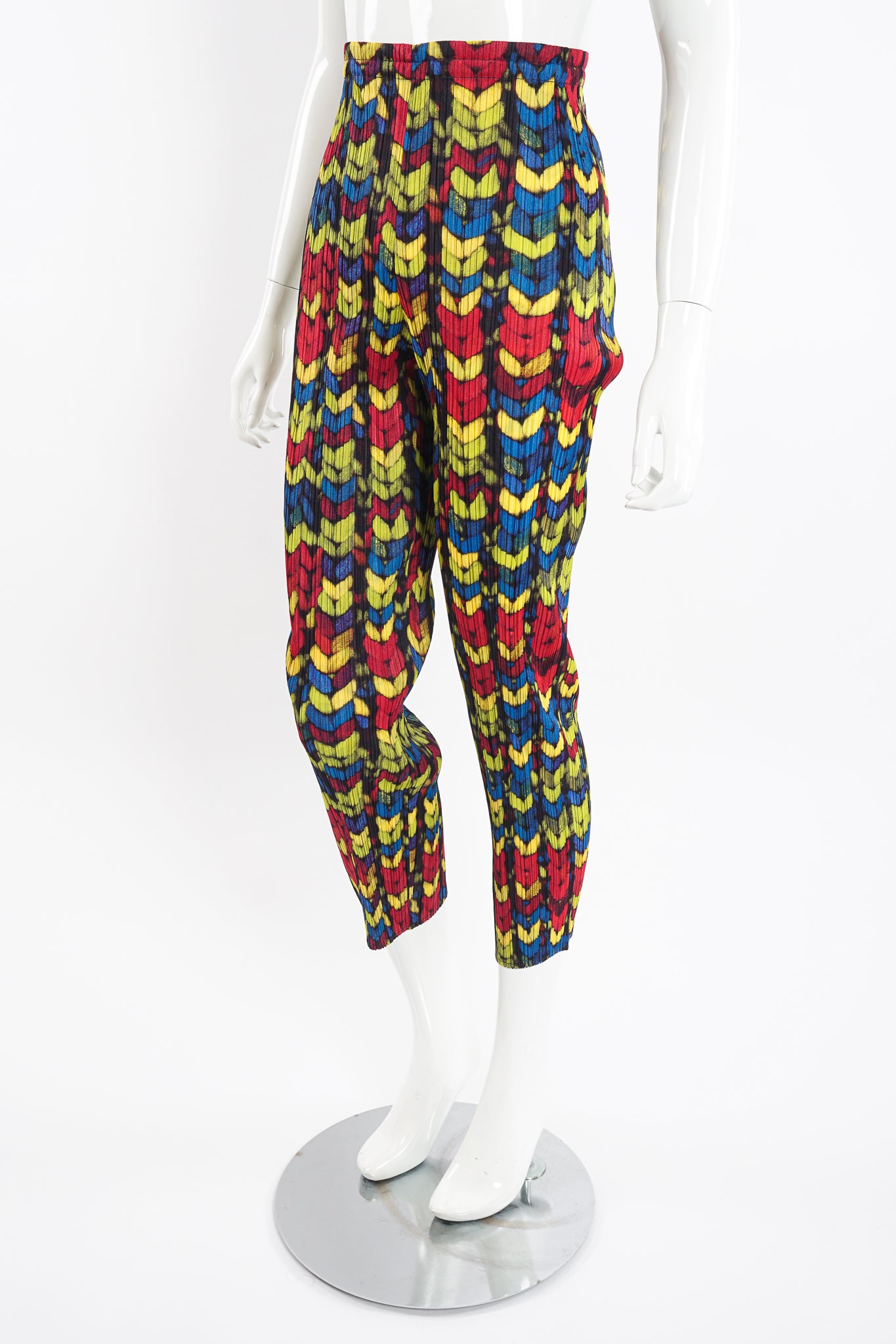 Vintage Issey Miyake Pleats Please RGB Yarn Print Pleated Pant on Mannequin side at Recess LA