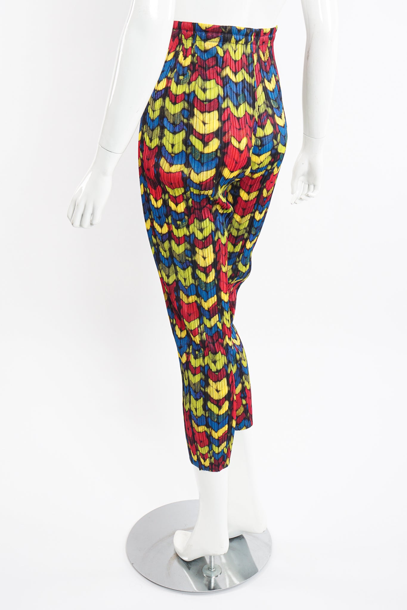 Vintage Issey Miyake Pleats Please RGB Yarn Print Pleated Pant on Mannequin back Angle at Recess LA
