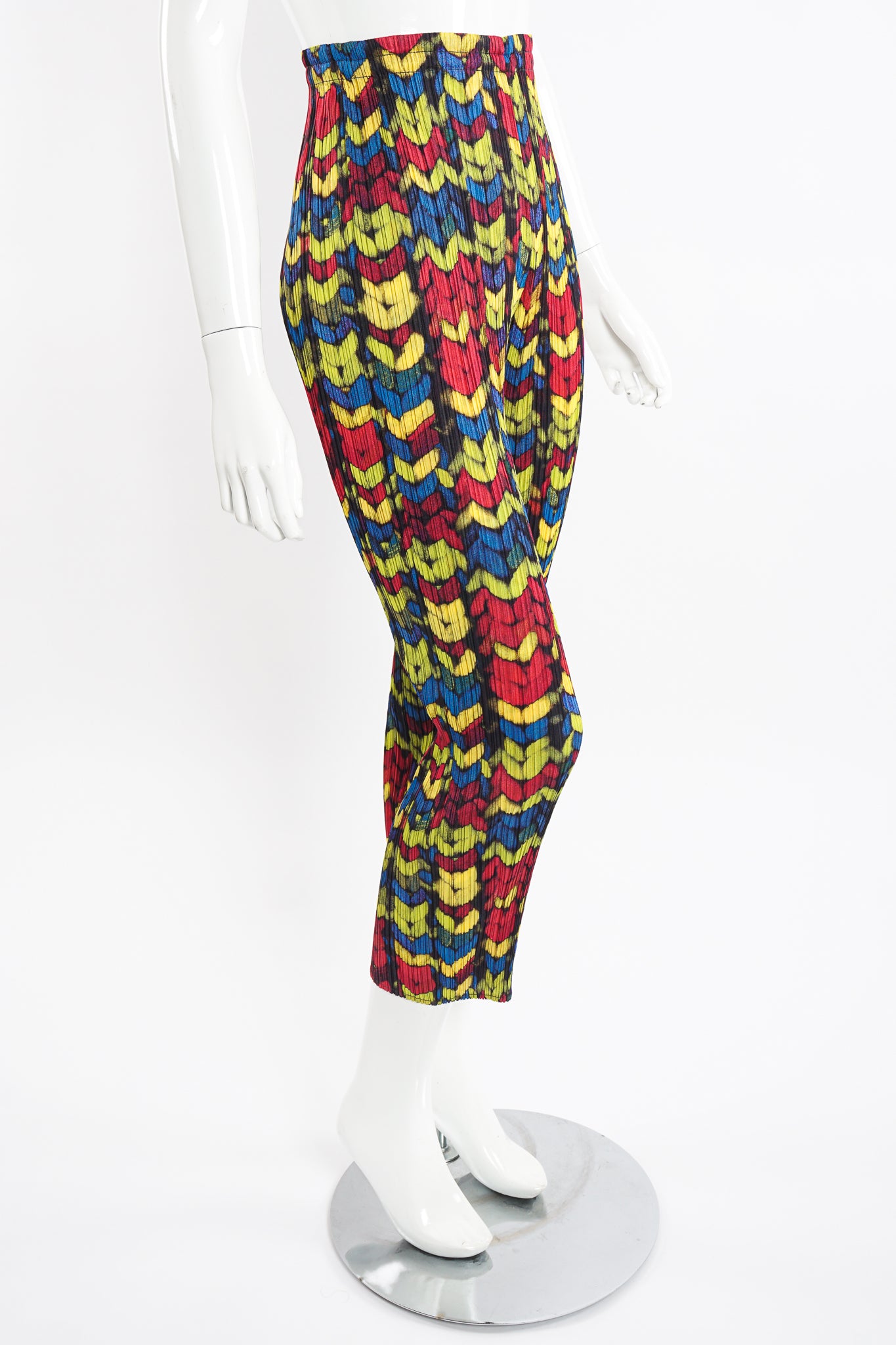 Vintage Issey Miyake Pleats Please RGB Yarn Print Pleated Pant on Mannequin Angle at Recess LA