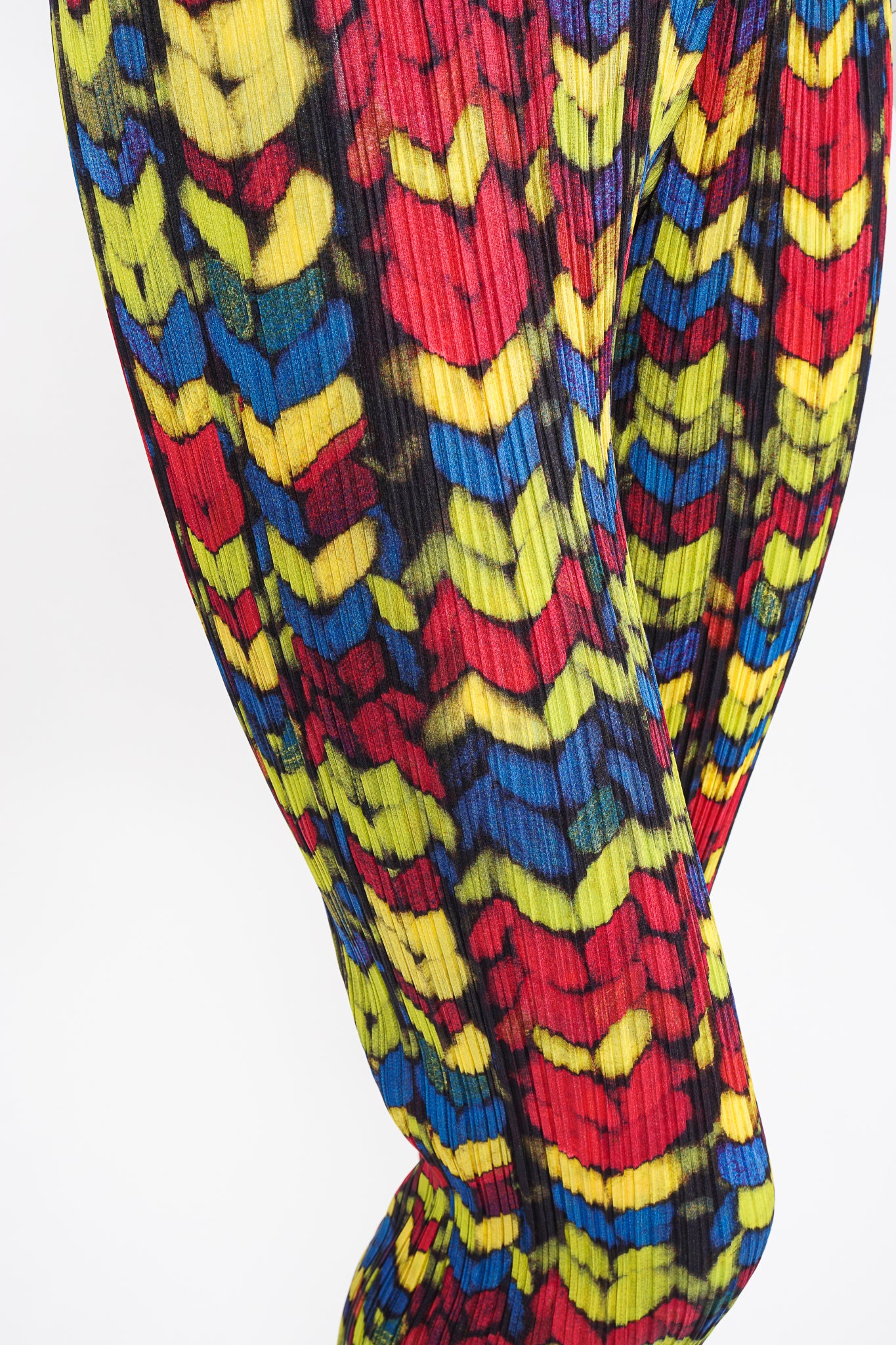 Vintage Issey Miyake Pleats Please RGB Yarn Print Pleated Pant on Mannequin Leg at Recess LA