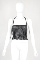 Recess Designer Consignment Vintage Plein Sud Goth Leather Net Accordion Lattice Halter Top Los Angeles Resale