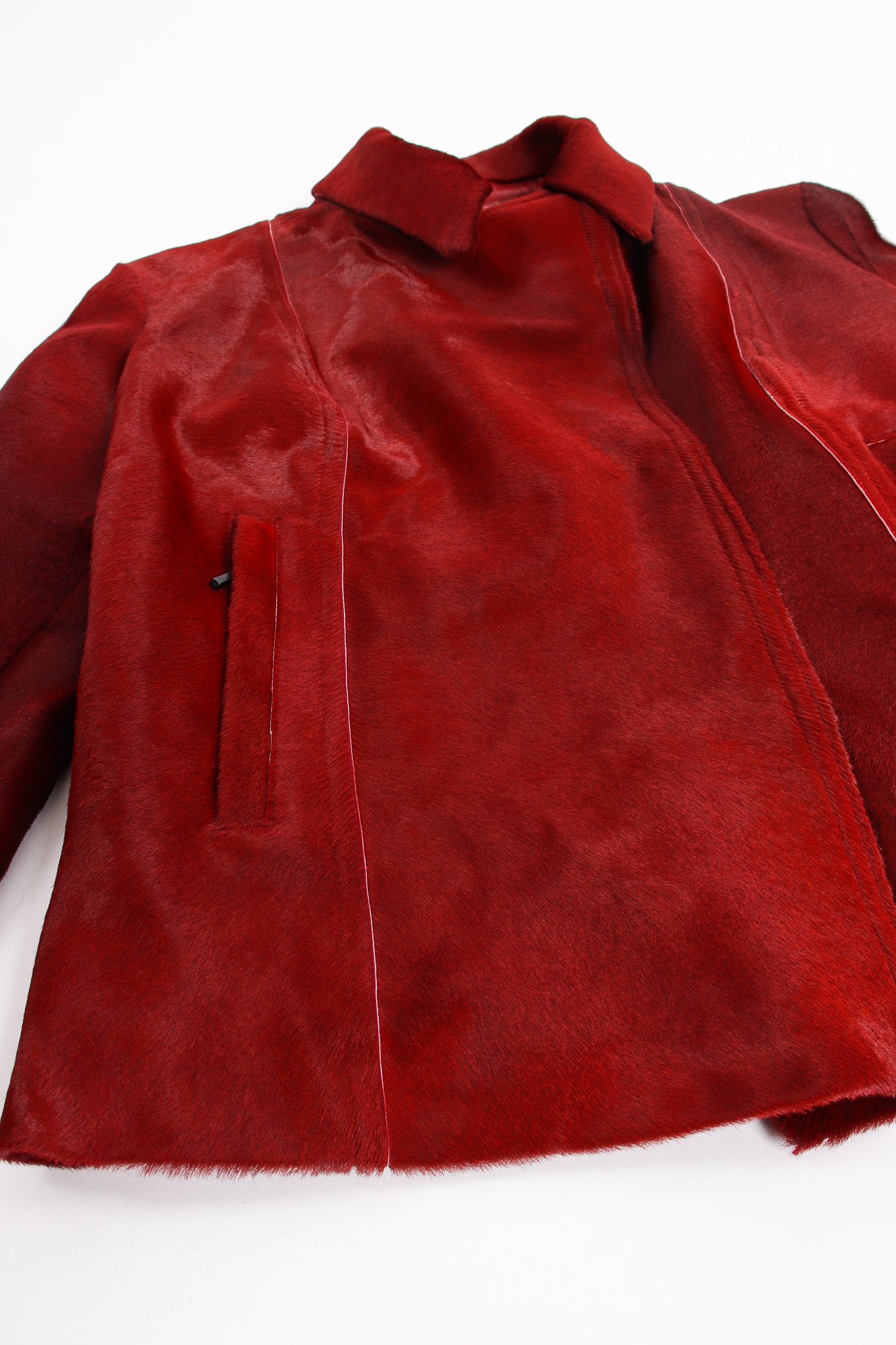 Vintage Plein Sud Blood red Pony Hair Moto Jacket texture at Recess Los Angeles