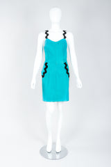 Vintage Positano Teal Leather Ric Rac Trim Cocktail Sheath on Mannequin at Recess Los Angeles