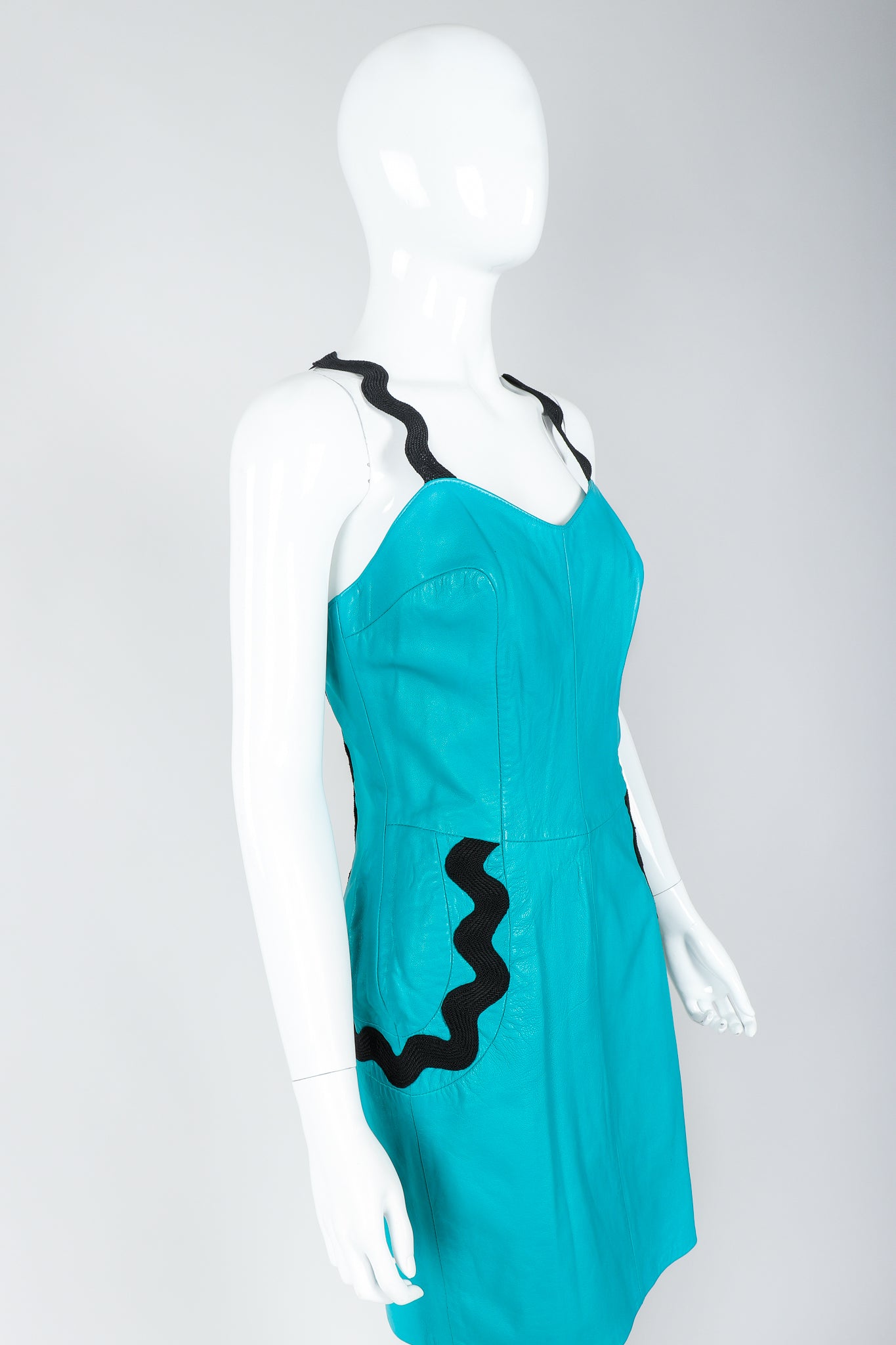 Vintage Positano Teal Leather Cocktail Sheath on Mannequin, cropped, at Recess Los Angeles