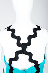 Vintage Positano Teal Leather Cocktail Sheath on Mannequin, criss cross back